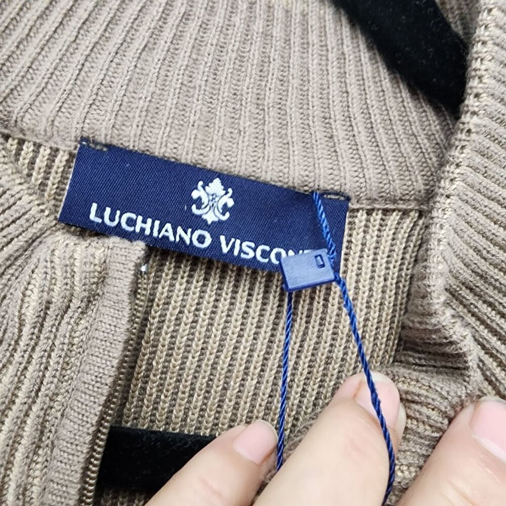 Luchiano Visconti Sweater Mens M Taupe Brown Ribbed Knit 1/4 Zip Pullover *NWT* - Picture 3 of 11